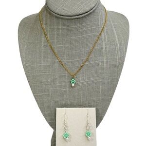 Dainty Green Flower Gold & Silver Tone Pierced Earrings and Necklace